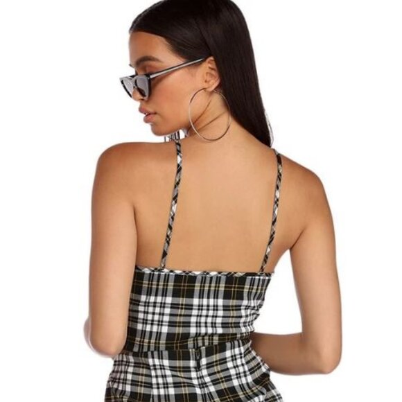 Windsor Checkered "Plaid About You" Crop Top EUC Black White and Yellow - Picture 2 of 6